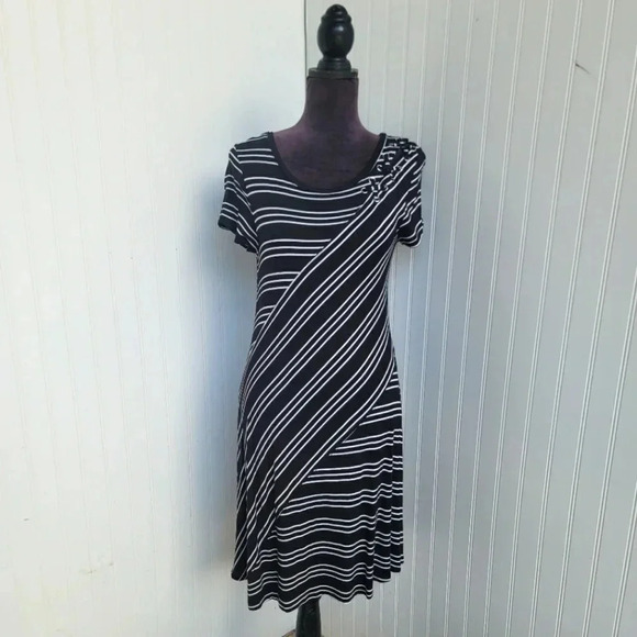Spense Black White Striped Shirt Knee Length Dress Short Sleeve Lace Up Detail M - Picture 1 of 11